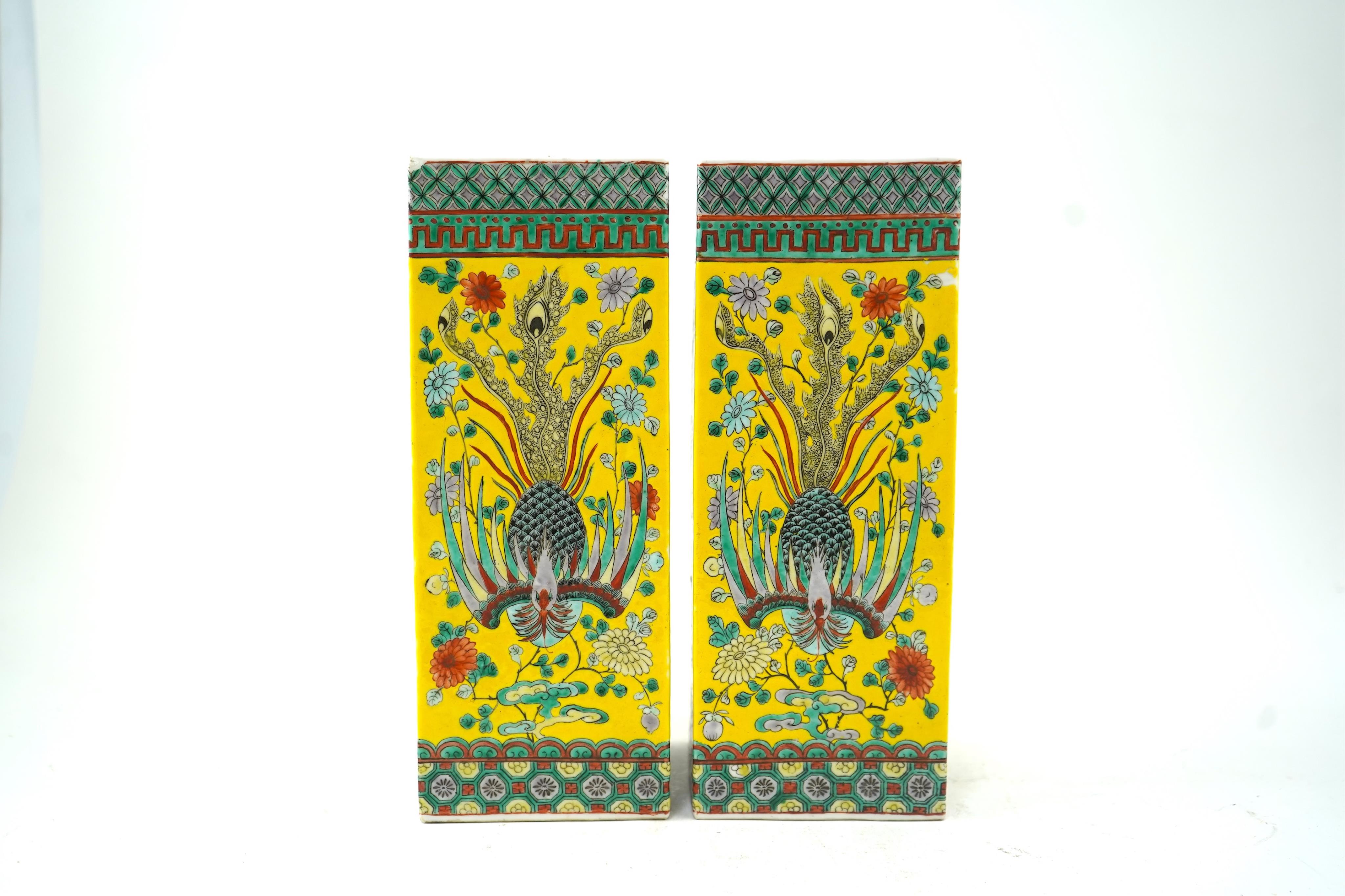 A pair of Chinese yellow ground square vases, late 19th century